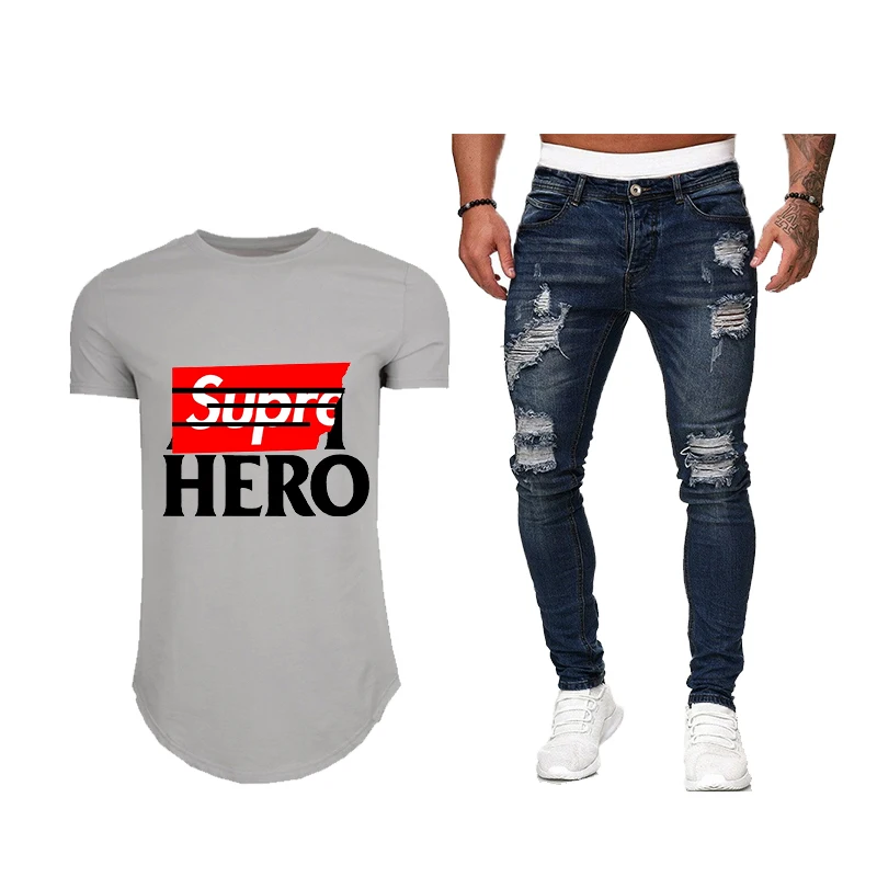 

2021 Men's t shirt Fashion Short sleeve Suit two-piece Casual Sportswear Men's high Quality Breathable cotton T-shirt top jeans
