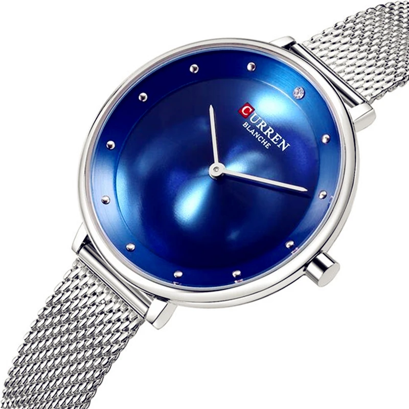 

Женские Элегантные часы CURREN с браслетом из синей и серебряной стали, новые модные женские кварцевые наручные часы с платьем, женские часы