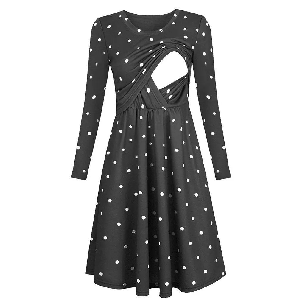 

Womens Pregnant Nursing Breastfeeding Dot Dress Maternity Long Sleeve Lactation Soft Dress