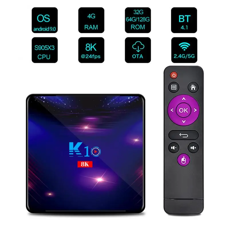 

ТВ-приставка K10 Transpeed, Android 9, 2,4/5,8 ГГц, Wi-Fi, 4/32 ГБ, H.265, 4K, 3D ТВ-приемник, Youtube, медиаплеер, HDR, высокое качество, очень быстрая приставка