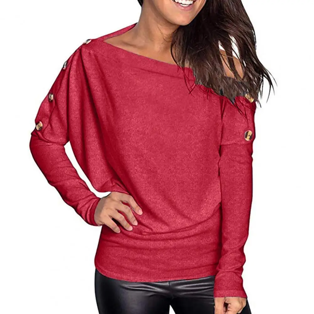 

Long Sleeve Basic Blouse Loose Tee Shirt Slash Collar Buttons Decor Pullover Top Streetwear