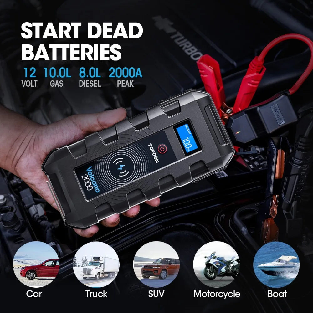 TOPDON V2000 автомобильный скачок Starte 20800mAh 12V 2000A пиковый портативный аварийный