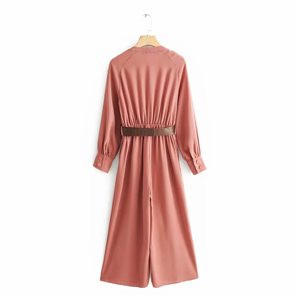 Fashion 2019 jumpsuit long sleeve with belt za pink v-neck high waist rompers womens | Женская одежда