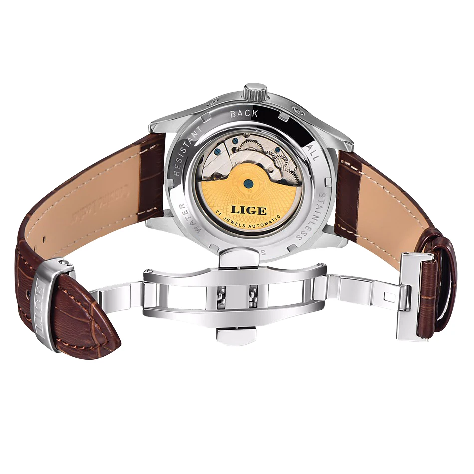

2020 LIGE Brand Fashion Silver Mens Mechanical Watch Men Tourbillon Automatic Watches Casual Leather Sport Clock Relojes Hombre