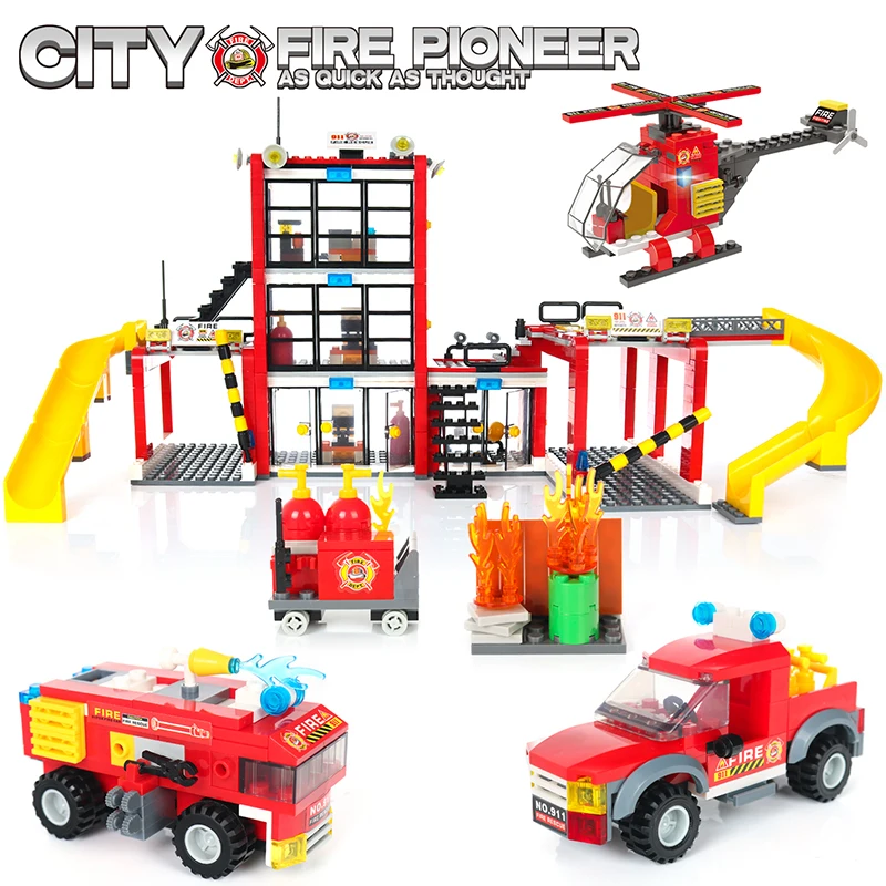 

New 979pcs Fire Station Fighting Trucks Car Helicopter Boat Building Blocks City Firefighter Figures Bricks Children Toys