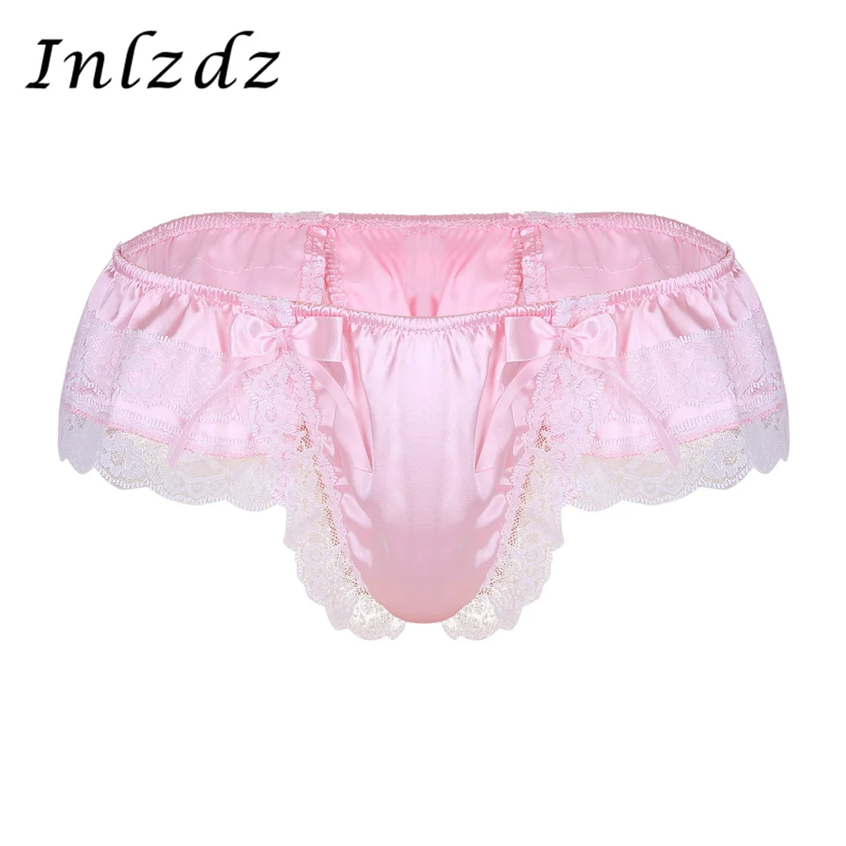 Mens Sissy Underwear Shiny Satin Lingerie Double Layers Floral Lace Panties Back with Big Bowknot Low Rise Thong | Тематическая