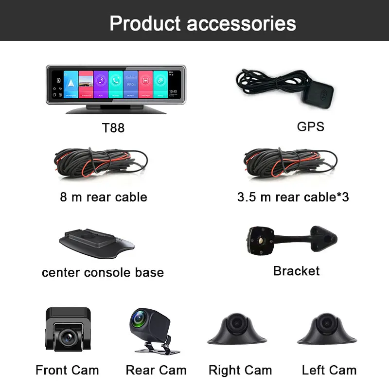 Автомобильный видеорегистратор 4 камеры 4G Android 9 0 12 дюймов Full Touch DVR 360 ° панорамный