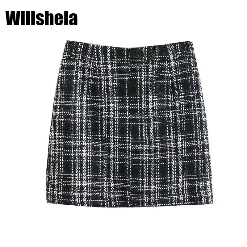 

Willshela Женская модная клетчатая мини-юбка с эластичной талией, винтажная высокая талия, молния сзади, шикарная Женская юбка