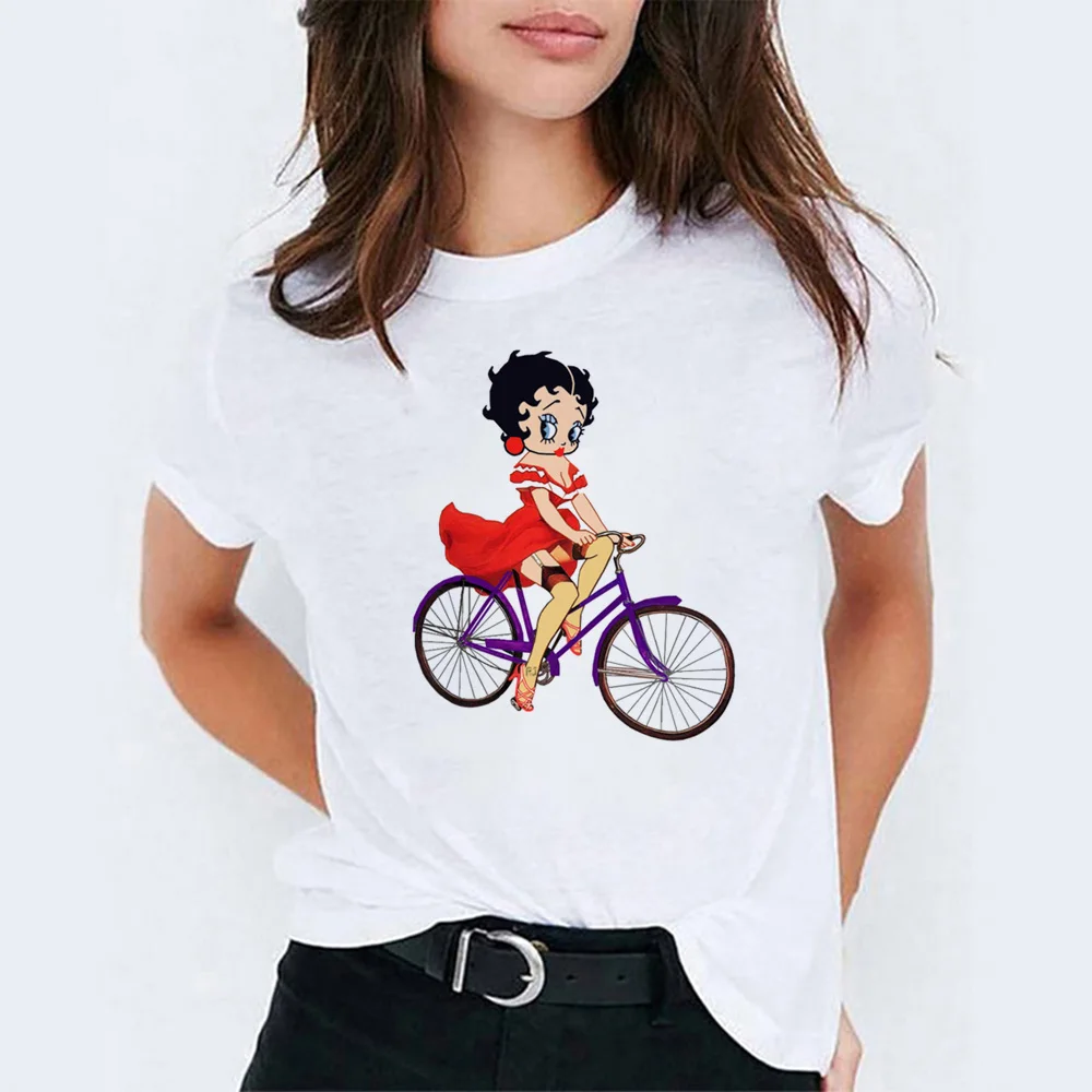 Camiseta Mujer Betty Boop Ride A Bike Vogue белая хлопковая Футболка принцессы с мультяшным принтом