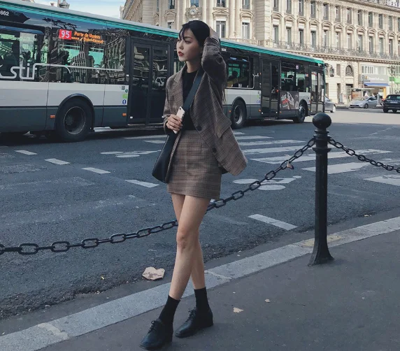 Falda a cuadros trajes de niñas Vintage mujer otoño elegante de las mujeres conjuntos de (por separado) de las mujeres de dos piezas trajes de 2 piezas trajes para las mujeres