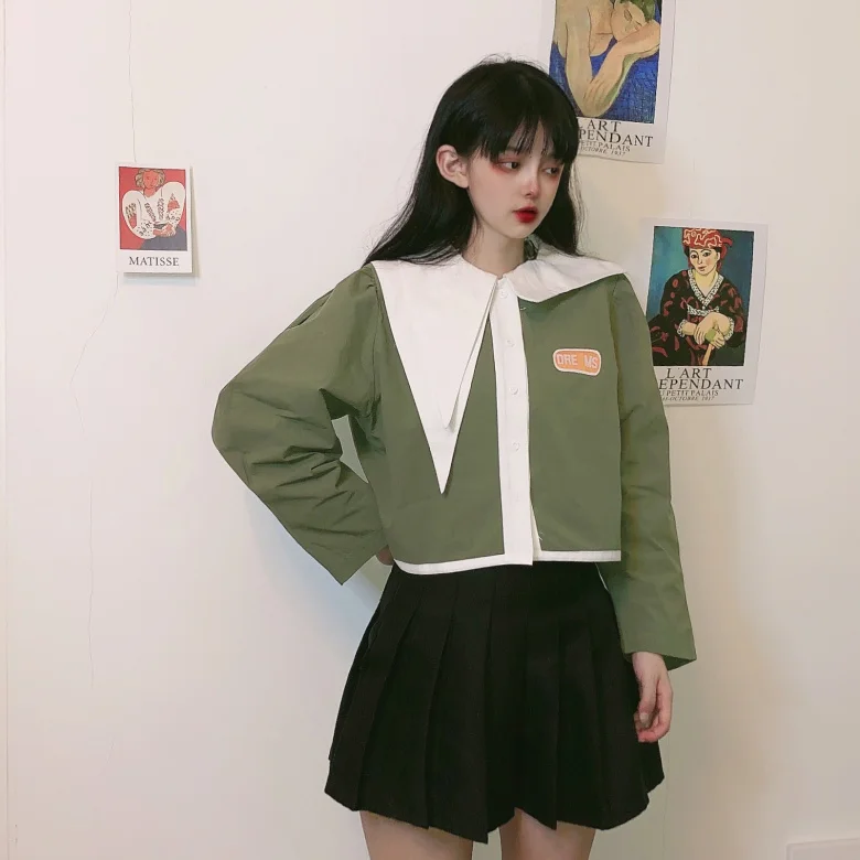 

Рубашки в стиле преппи, топы, блузка в стиле пэчворк с воротником Питера Пэна, женская одежда с длинным рукавом, модная брендовая Милая Корей...