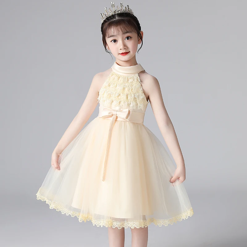 

Girls Dress Halter lapel dress Evening Catwalk Bridesmaid Wedding Casual Elegant New Year Princess Children Party Dress