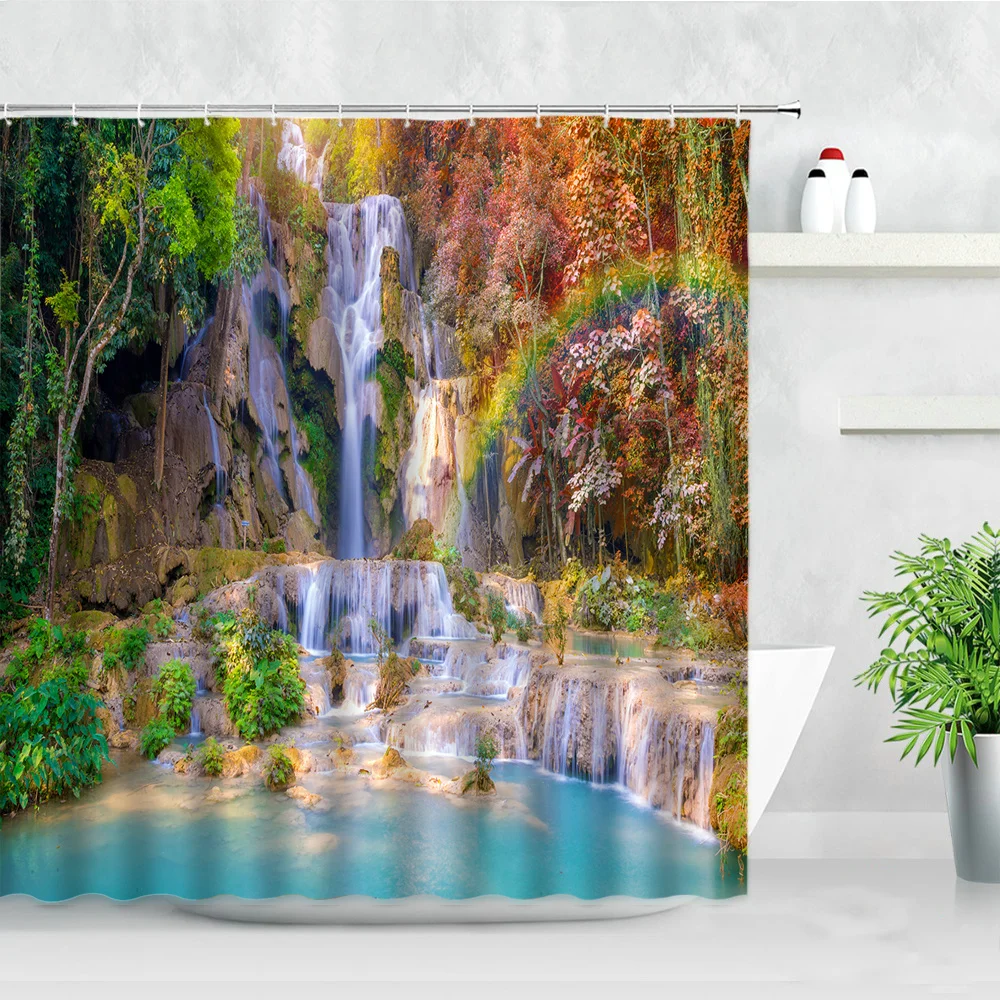 

Jungle Waterfall Shower Curtain Set Green Plants Running Water Natural Landscape Modern Waterproof Home Decor Bathroom Curtains