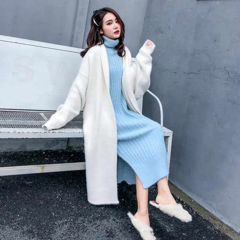 

Women 2020 Autumn Winter Turtleneck Loose Sweater Dress Imitation Mink Cashmere Knitted Dresses Female Casual Long Vestidos N222