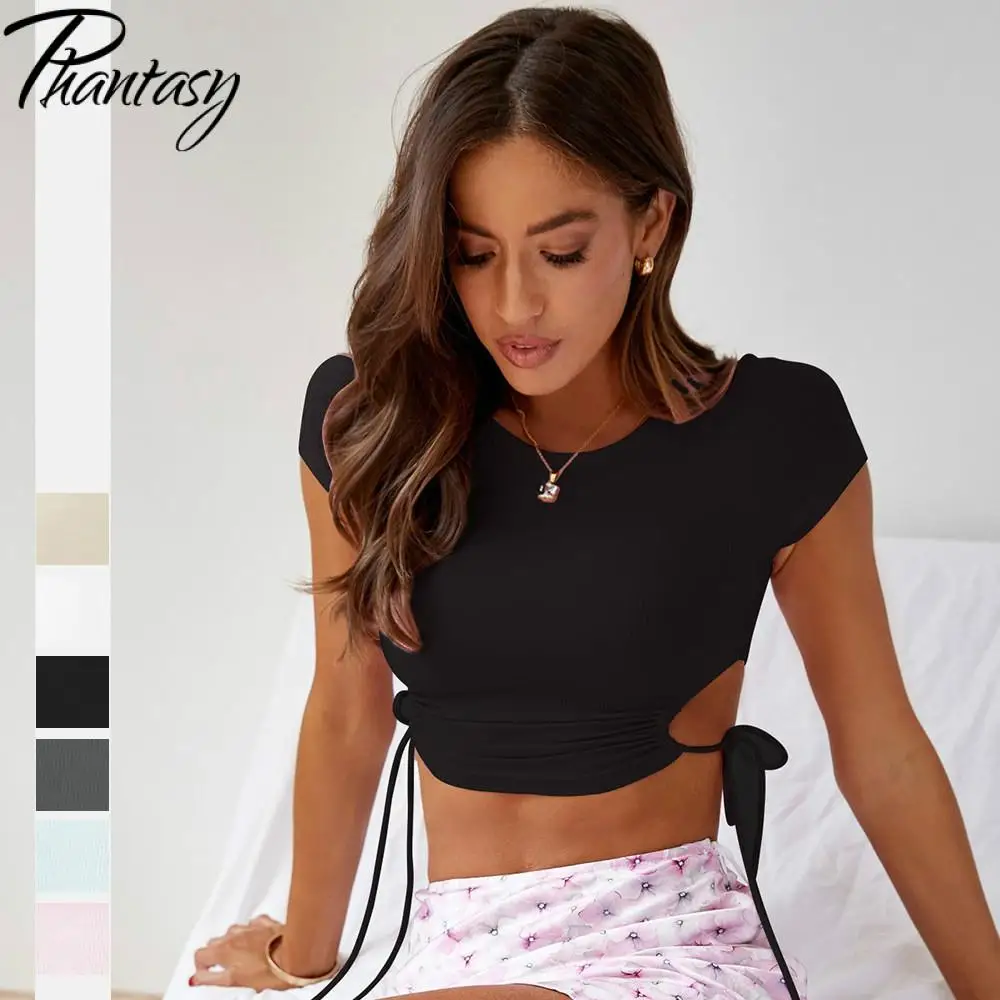 

Новинка 2021, Однотонная футболка Phantasy, женские сексуальные укороченные топы с вырезами и коротким рукавом, повседневные уличные короткие фу...