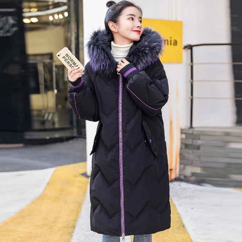 Женская зимняя куртка с капюшоном длинная свободная парка искусственным мехом 3