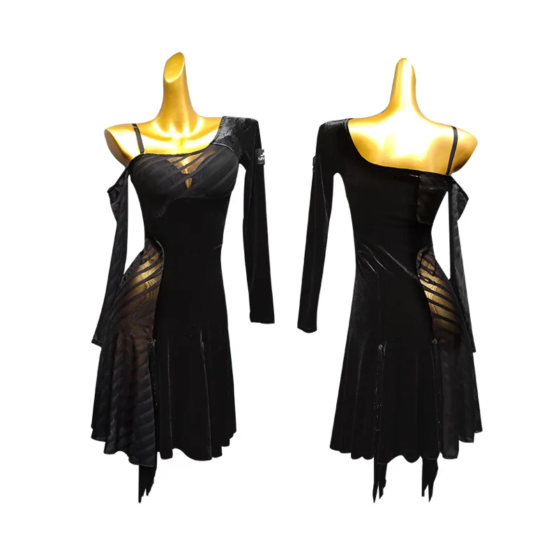 Женское платье для латиноамериканских танцев прозрачное с бахромой и одним