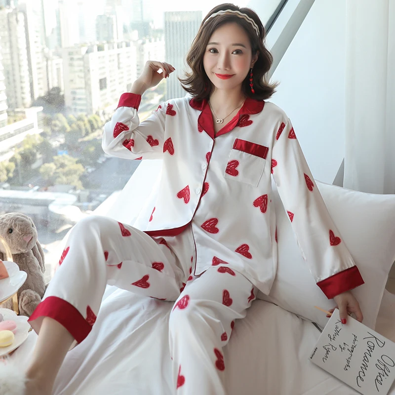 Шелковые пижамные комплекты с длинными рукавами Весенне осенняя шелковая одежда