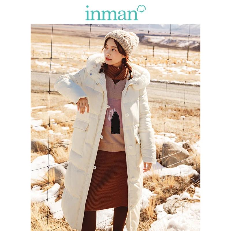 Инман 2018 зима с капюшоном меховой воротник повседневные длинные стиль для женщин