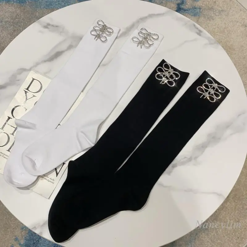 New Bow Rhinestone Socks Mid-High Baseball Cotton Sock for Women Girl Lady Nancylim