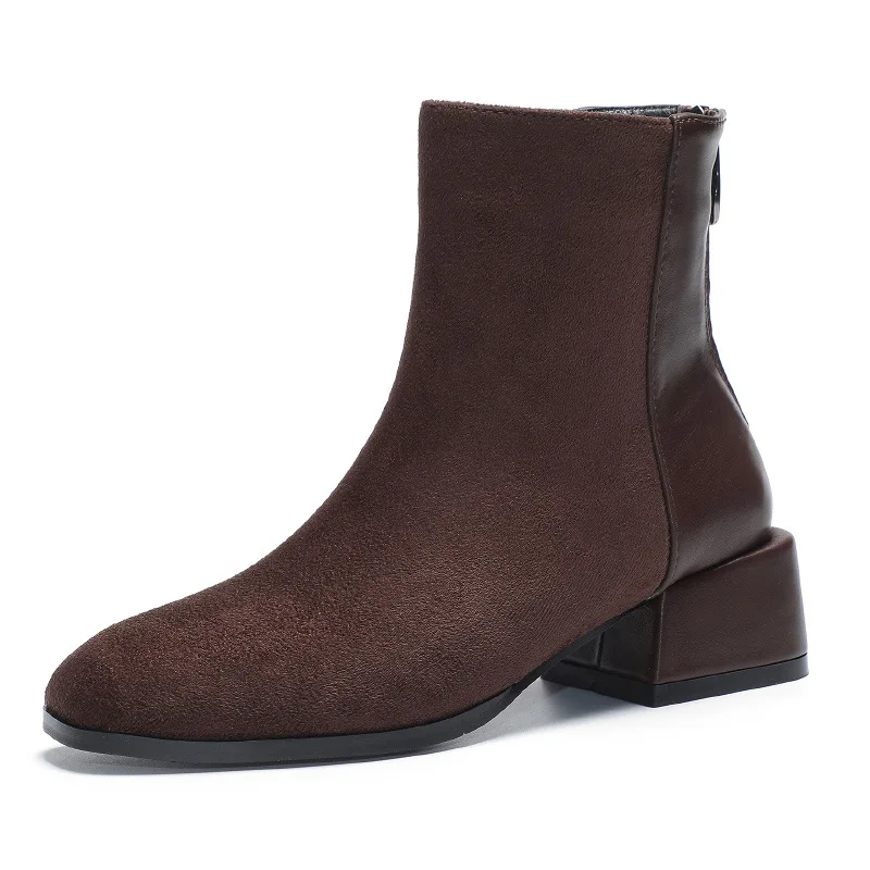 

Women Shoes High Quality Chunky Heel Short Boots 2021 Autumn Fashion Brown Suede Solid Zip Chelsea Boots Female Booties