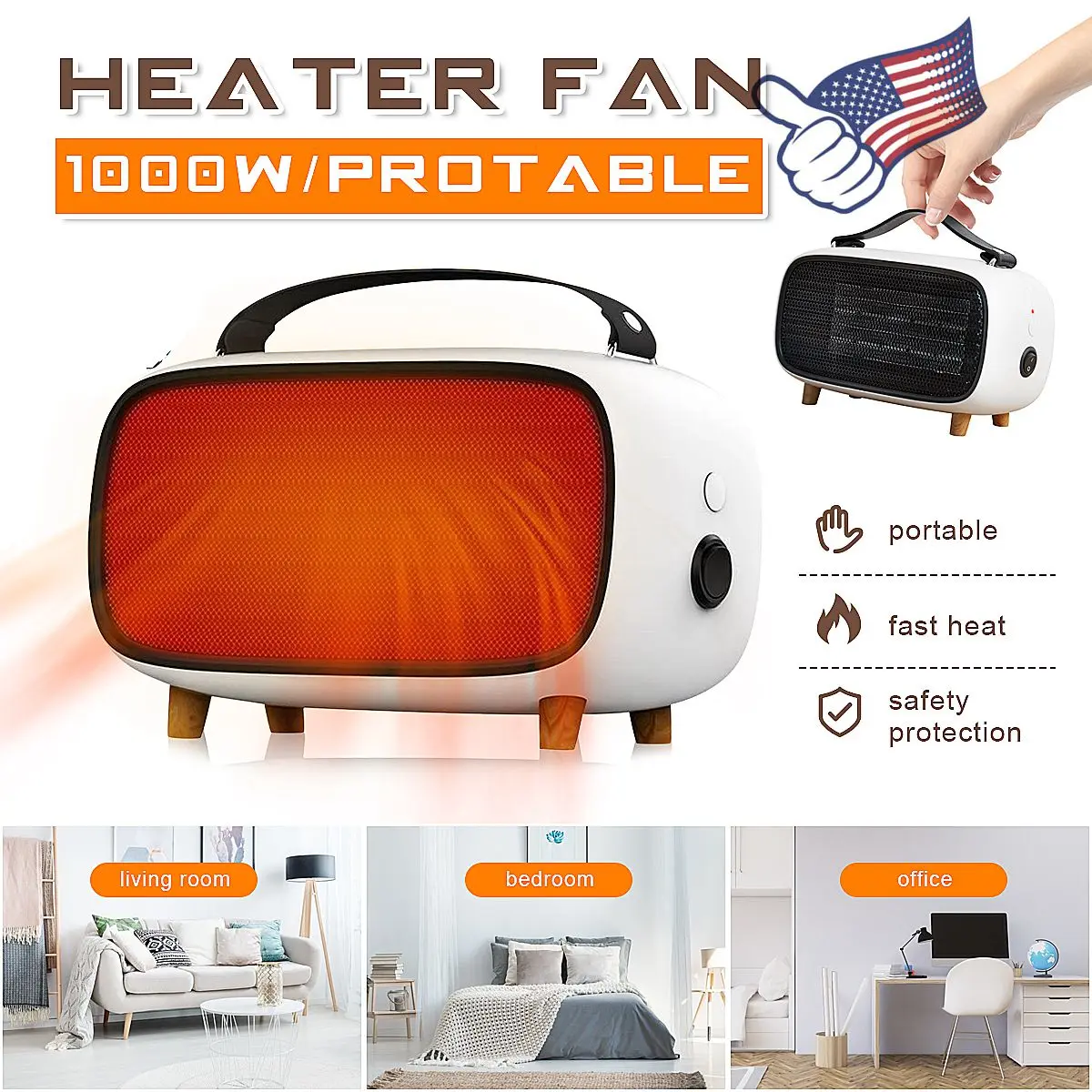 

1500W Electric Heaters Fan countertop Mini home room handy Fast Power saving Warmer for Winter PTC Ceramic Heating White