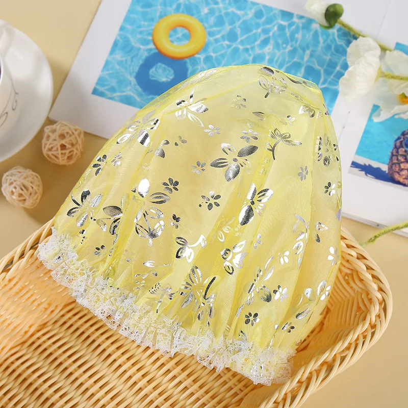 EVA double shower cap Waterproof shower cap Lace wire mesh boxed Face wash shower cap - Цвет: yellow