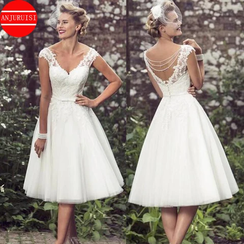 Elegant Knee-Length Wedding Dresses Short Vestidos De Novia V Neck Cap Sleeves Appliques Lace Tulle Bridal Gown Robe Mariage