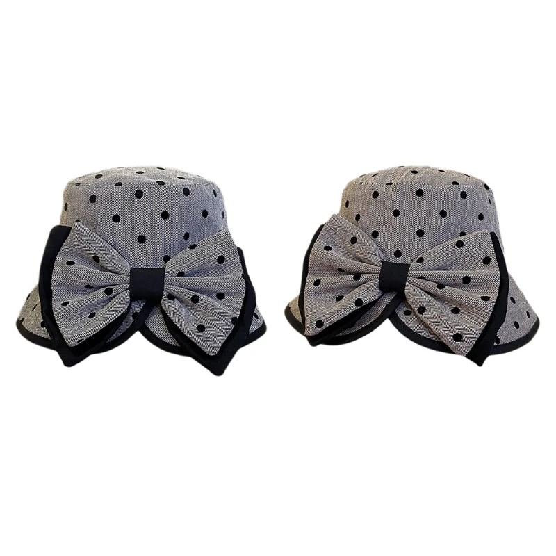 

L5YA Cotton Lovely Cute Polka Dot Bow Hat Fisherman Hat Basin Hat Sun Protection