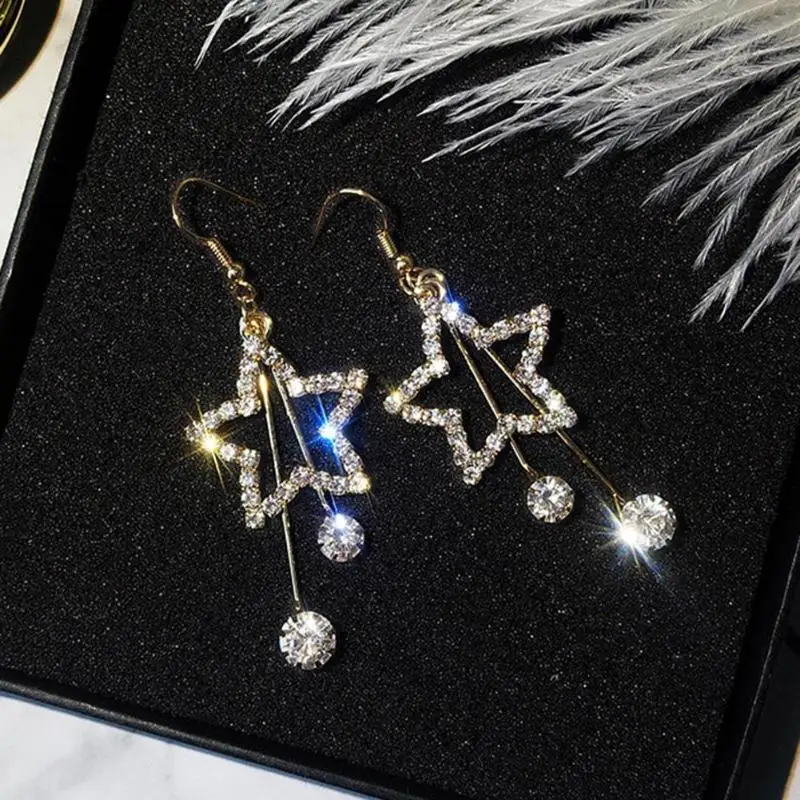 Женские серьги подвески с полой звездой длинные кисточками изысканные стразы