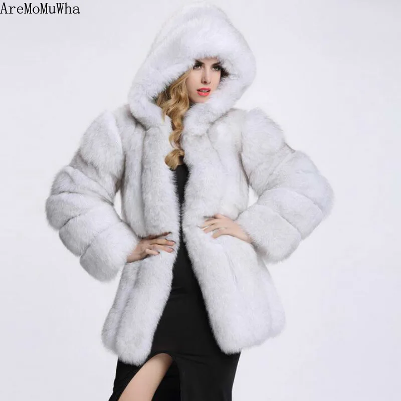 Winter New Fur One-like Fox Fur Stitching Faux Fur Coat Mink Coat Hooded Nine-point Sleeve Fur Coat FemaleFaux Fur Coat Women