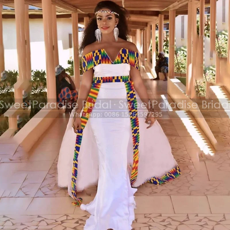 

Aso Ebi African Long Evening Dresses Mermaid With Over Skirt Boat Neck Colorful Fabric Pageant Dress Celebrity Gown