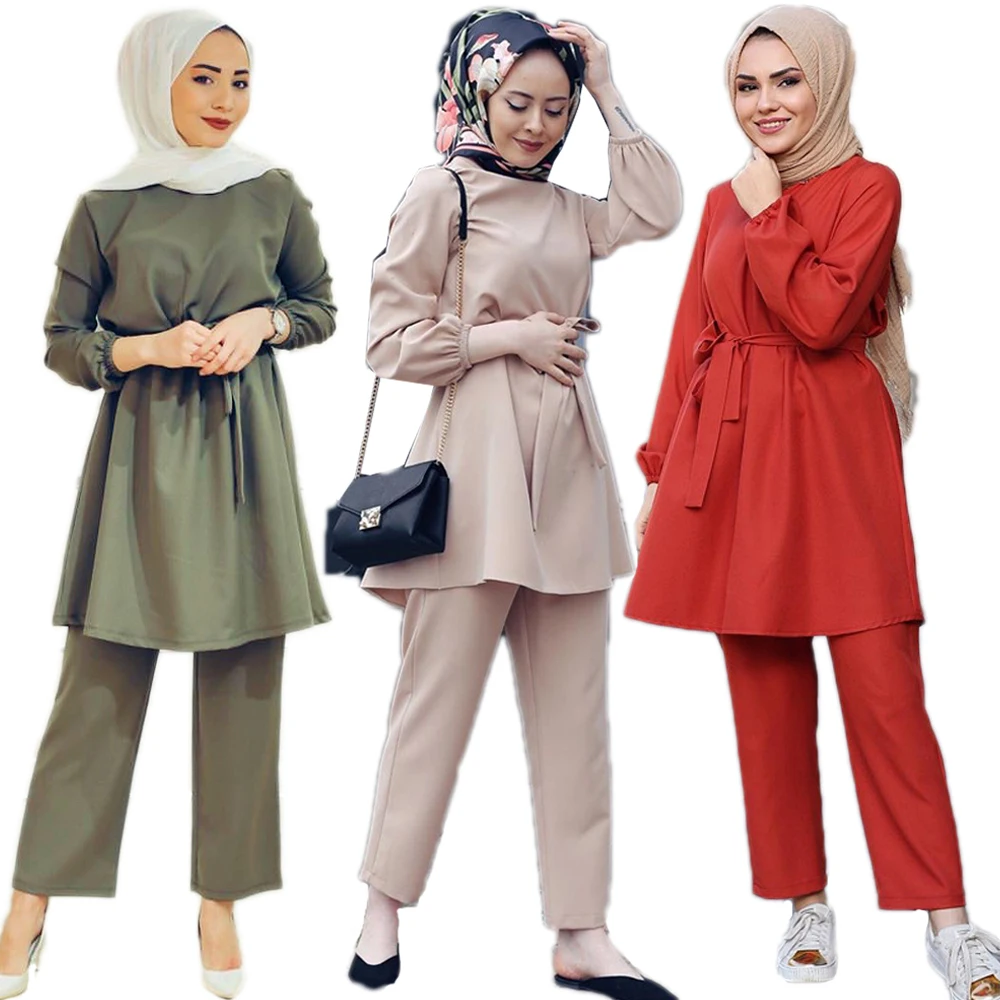 Мусульманский Женский комплект из 2 предметов, блузка с длинным рукавом, широкие брюки, платье абайя, турецкий кафтан, Дубай, джильбаб, повсе...