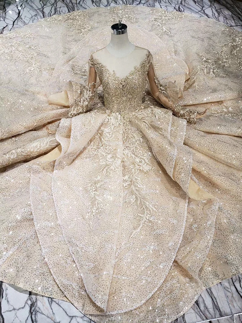 BGW 22722ht Золотое Пышное вечернее платье из тюля с круглым вырезом и длинным рукавом