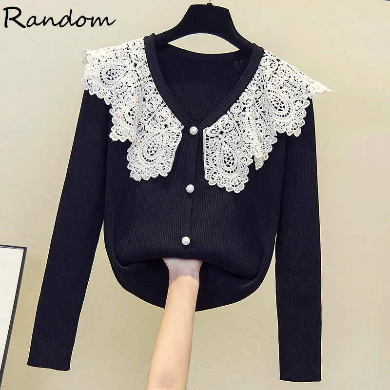 

Женский трикотажный кардиган на пуговицах, элегантный классический черный или белый джемпер с длинным рукавом и кружевными жемчужинами, од...