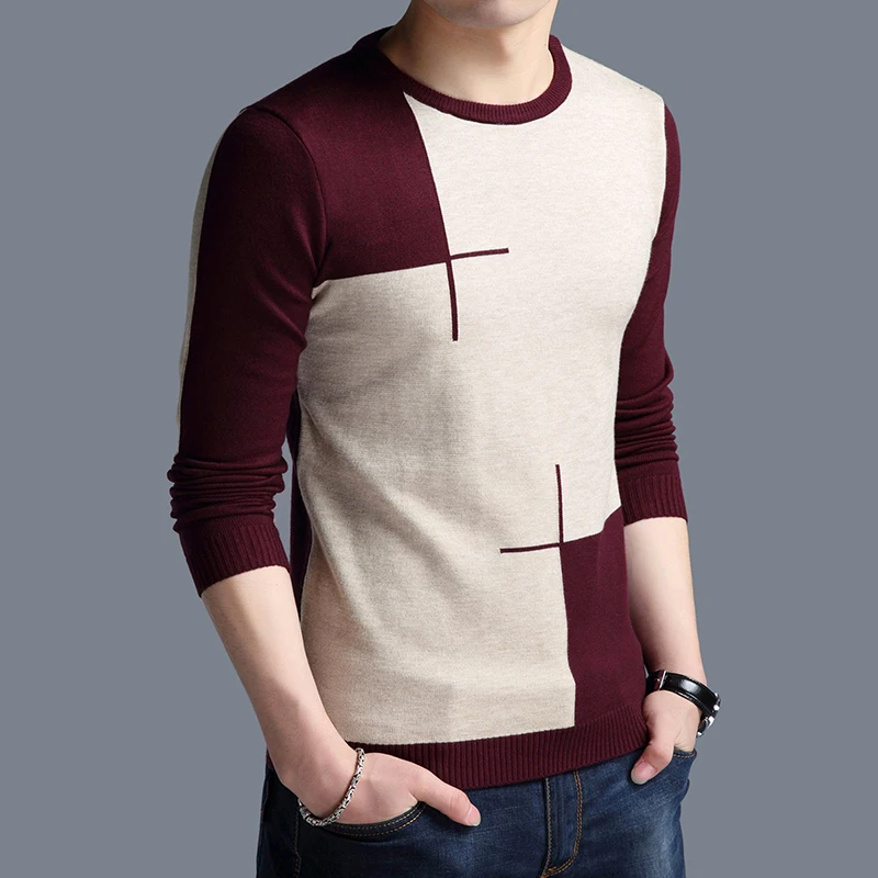 Мужской Повседневный свитер облегающий пуловер в стиле пэчворк с круглым