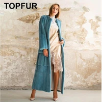 topfur fashion blue real mink fur coat with belt femme casual long clothing plus size solid color long fur coat warm jacket