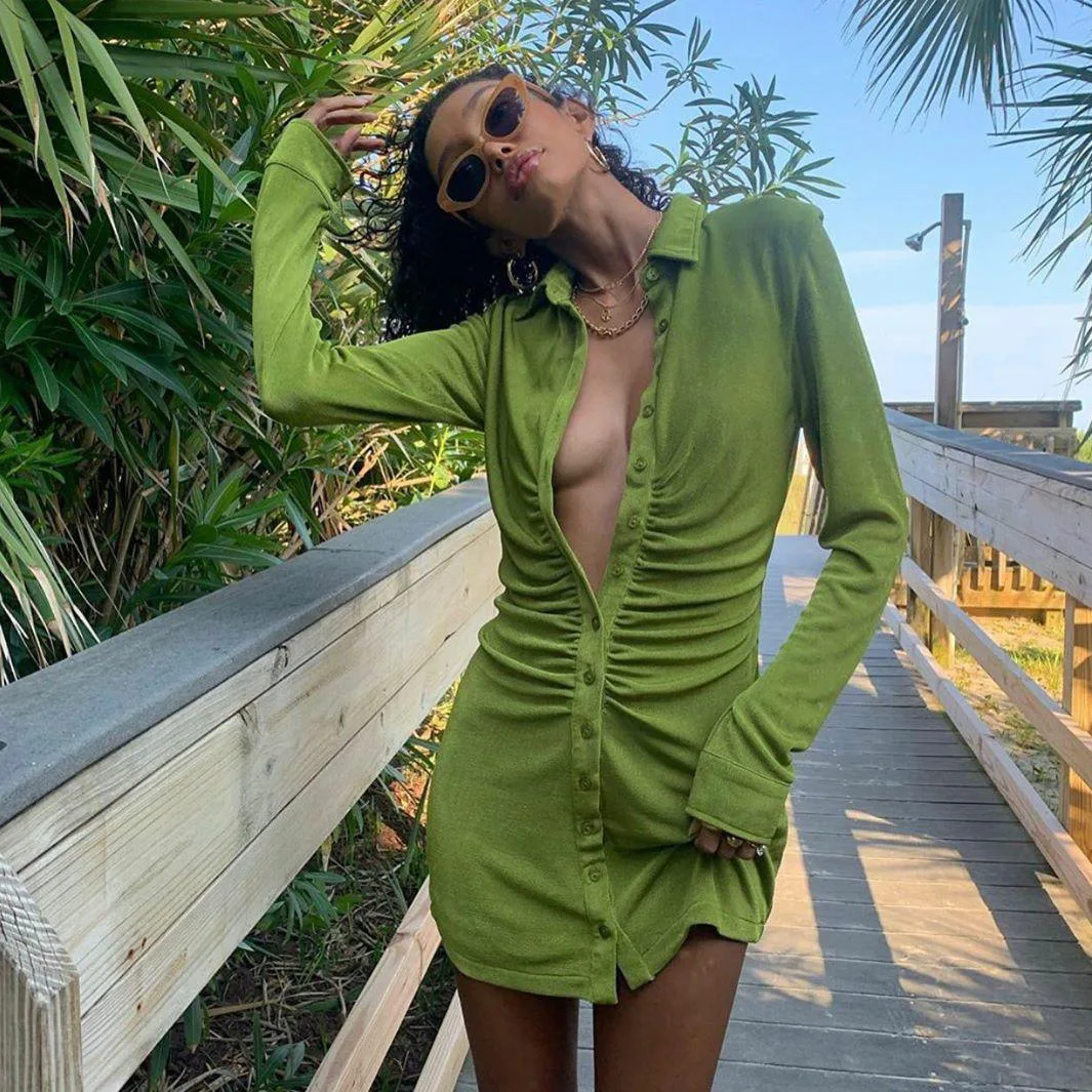 

New Turn-Down Collar Green Women Shirt Dresses Club Party Long Sleeve Button Mini Dress Holiday New 2021 Spring Streetwear