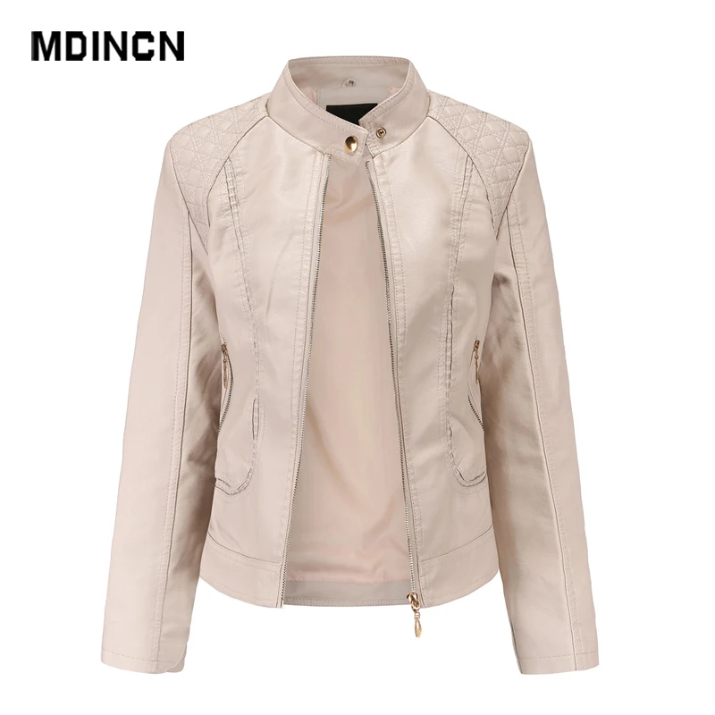 Женская кожаная куртка с воротником-стойкой однотонная верхняя одежда из