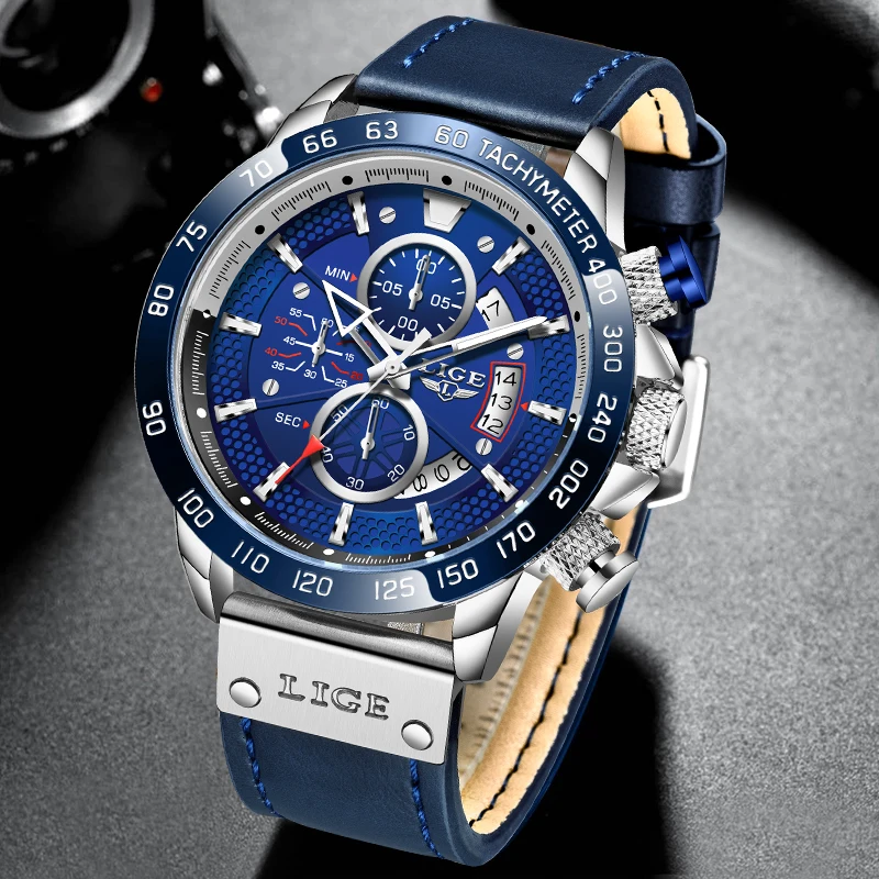 

2021 LIGE Mens Watches Top Brand Luxury Blue Leather Watch For Men Chronograph Waterproof Quartz Wristwatch Casual Date Clock