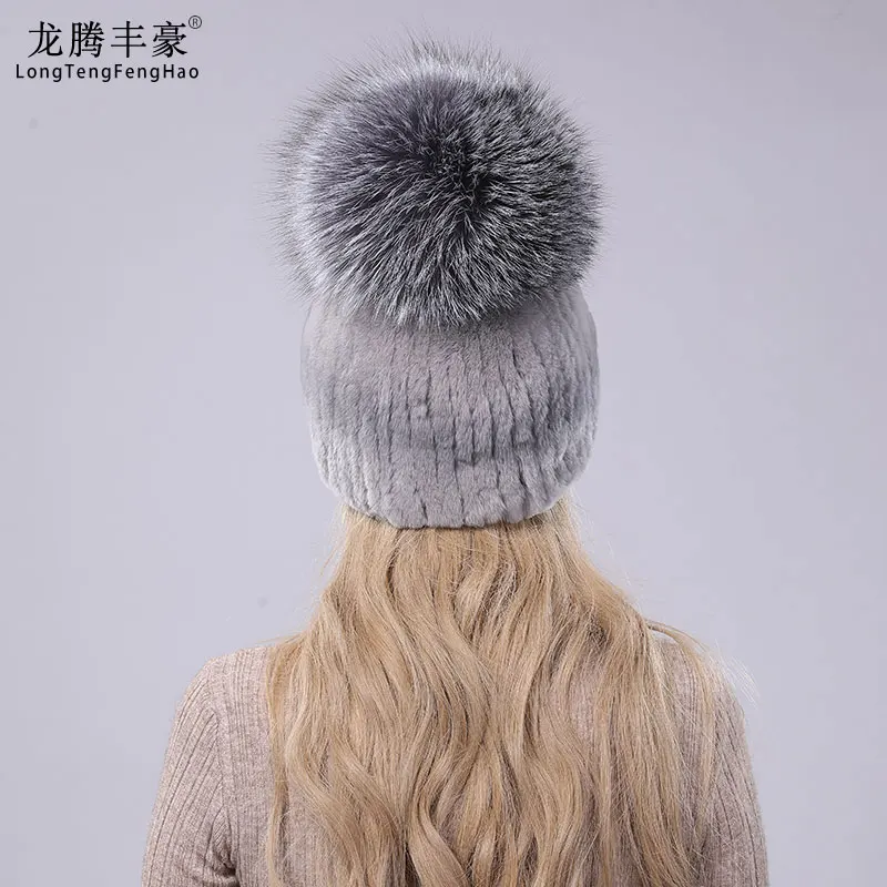 Женские шапки настоящий мех кролика однотонные шапочки с большим помпоном из