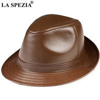 genuine leather brown fedora hat men sheepskin jazz cap autumn winter british casual high quality wide brim hat