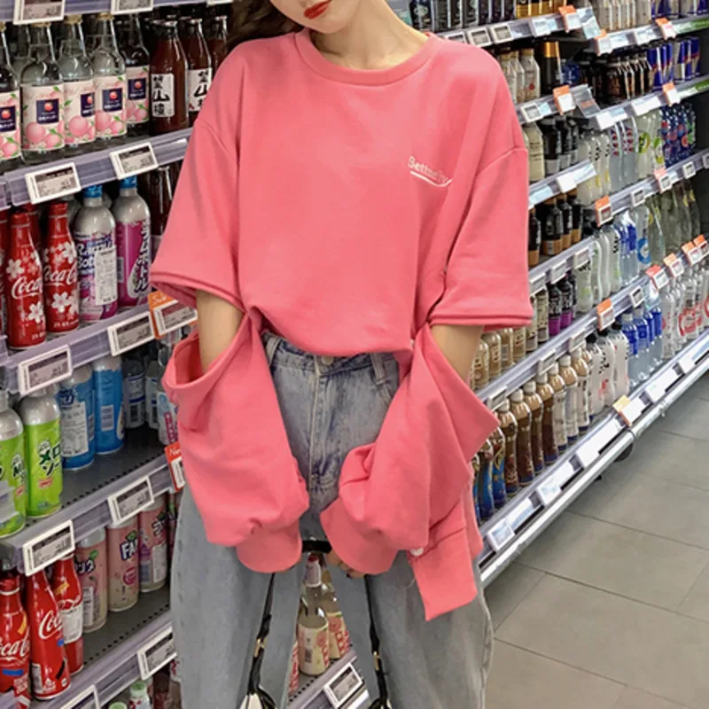 2020 Autumn Casual Oversized Hollow Out Long Sleeve Thin Sweatshirt Women O Neck Side Split Button Up Hoodie Street Fashion Top | Женская