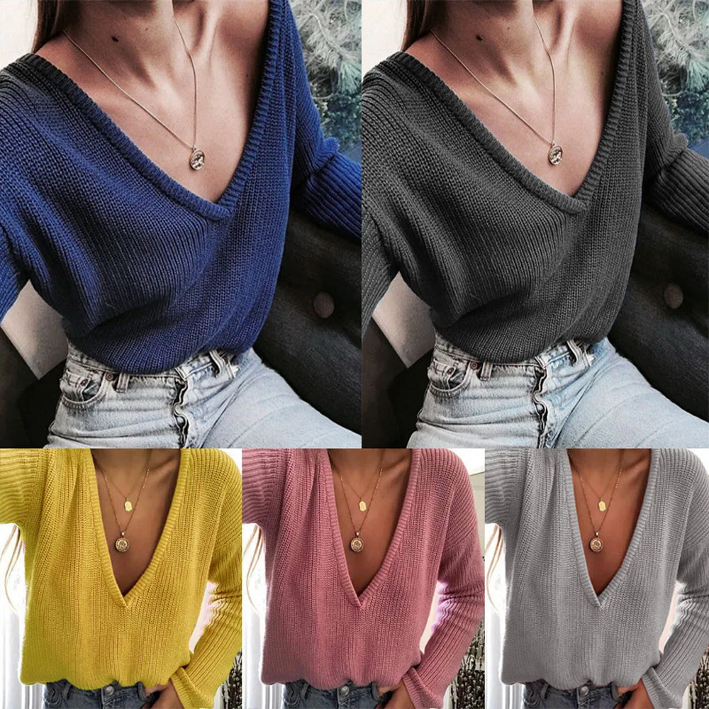 Sweater Women Oversize Female Casual Deep V Neck Knitted Jumper Tops Long Sleeves Women's Chic Tricot |