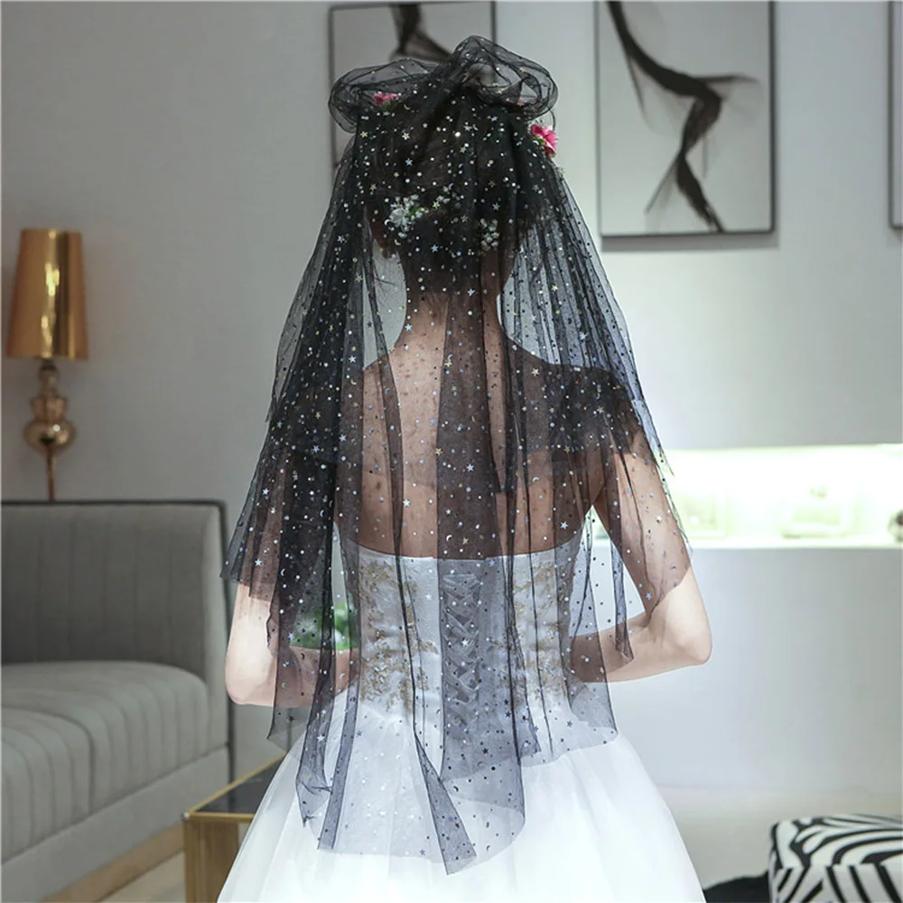 Блестящий черный многоярусный Свадебный Фата чехол для Хэллоуина модные