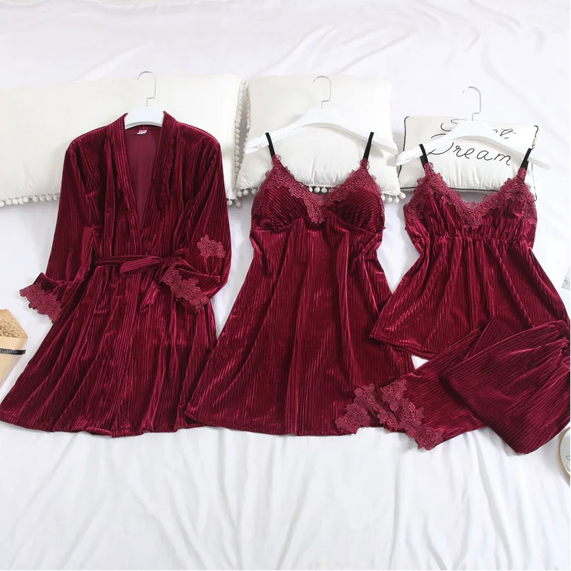 Зимняя женская пижама 4 шт. теплая зимняя одежда для сна Золотая Бархатная