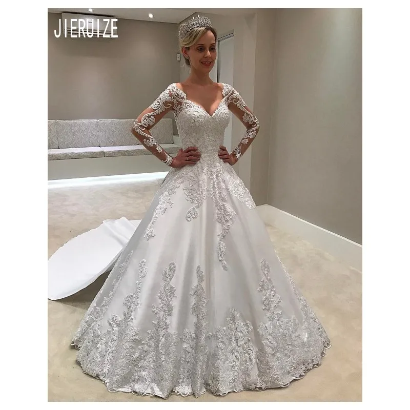 

JIERUIZE Vintage Satin Wedding Dresses V Neck Illusion Long Sleeves White Appliques Bridal Dresses Wedding Gowns robe de mariee