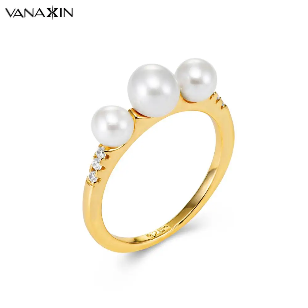 

VANAXIN 100% 925 Sterling Silver Rings For Women Fresh Water Pearl Ring Cubic Zirconia Jewelry Female Wedding Rings Gold Color