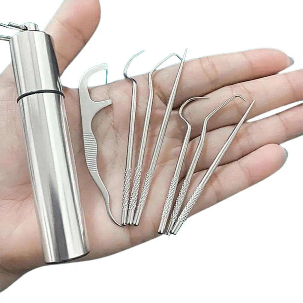 

NEW 8pcs Portable Stainless Steel Metal Toothpick Floss Bag Set Reusable Environmental with Storage Tube For Outdoor Picnic Camp