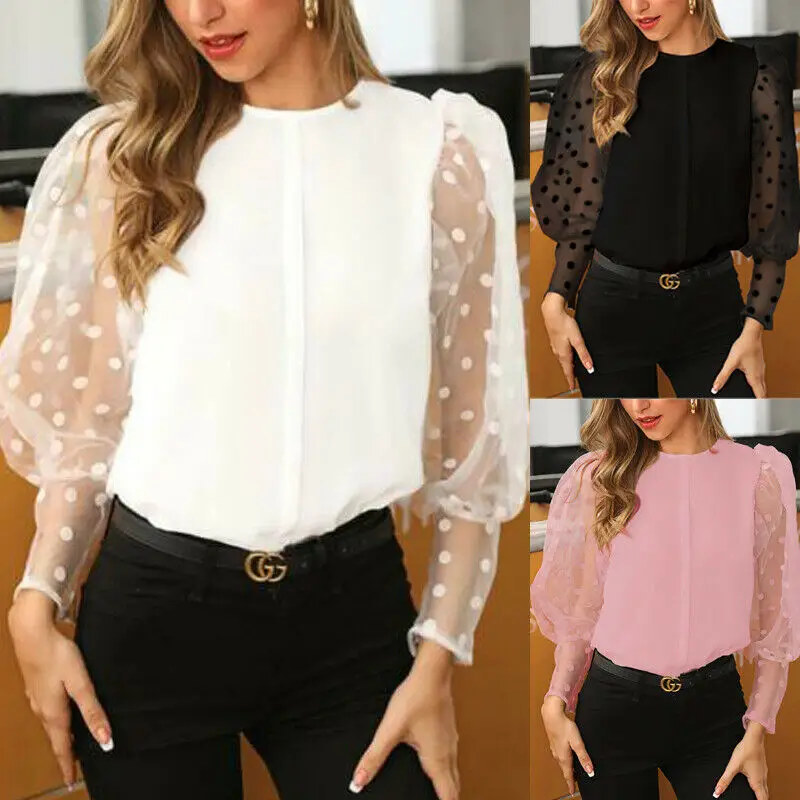Женская прозрачная блузка в горошек с длинным рукавом и круглым вырезом|Блузки| |
